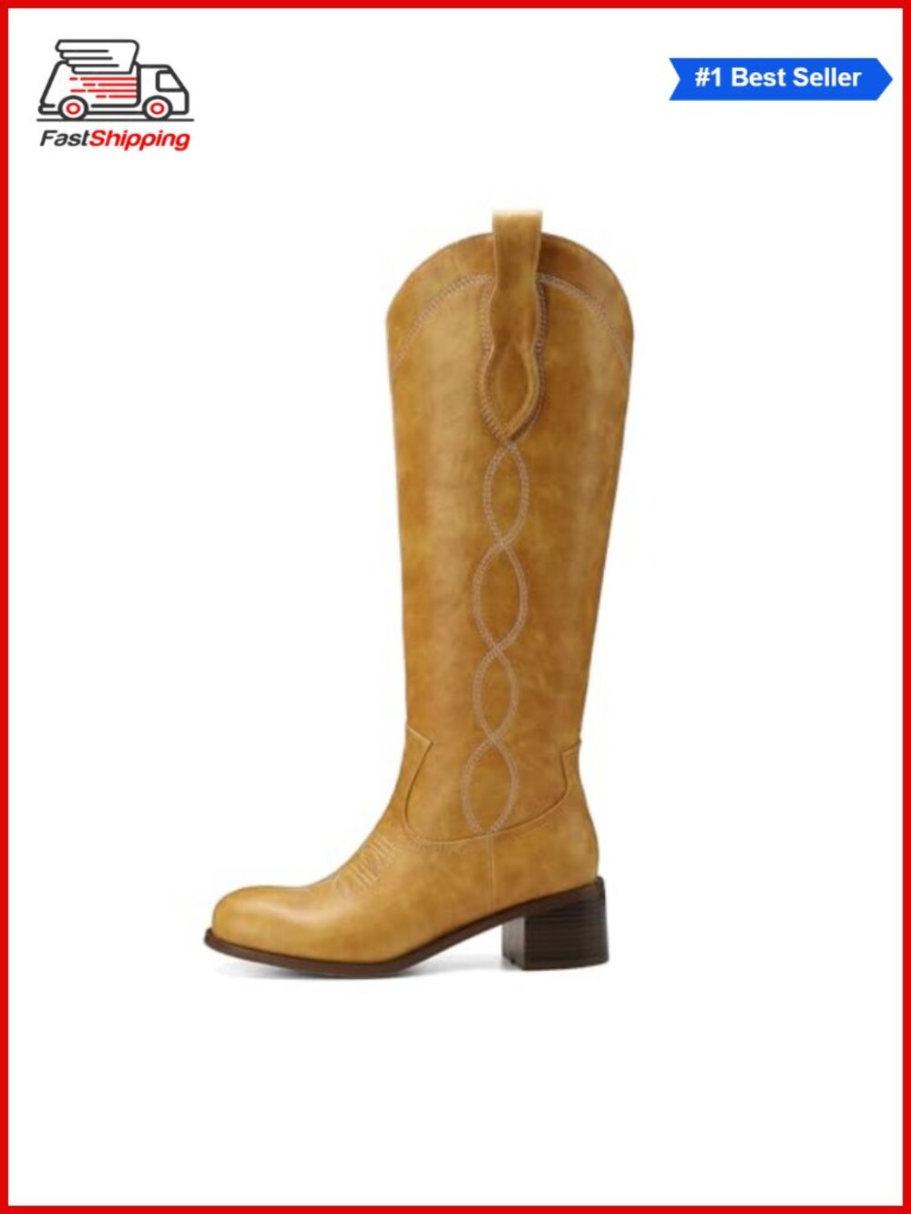 Faux Leather Knee High Boots Square Toe Block Heel Western Tall Boots